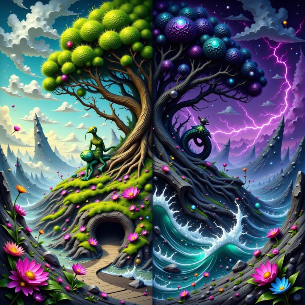 Split Tree Struck by Lightning with Fae Critter and Serpent