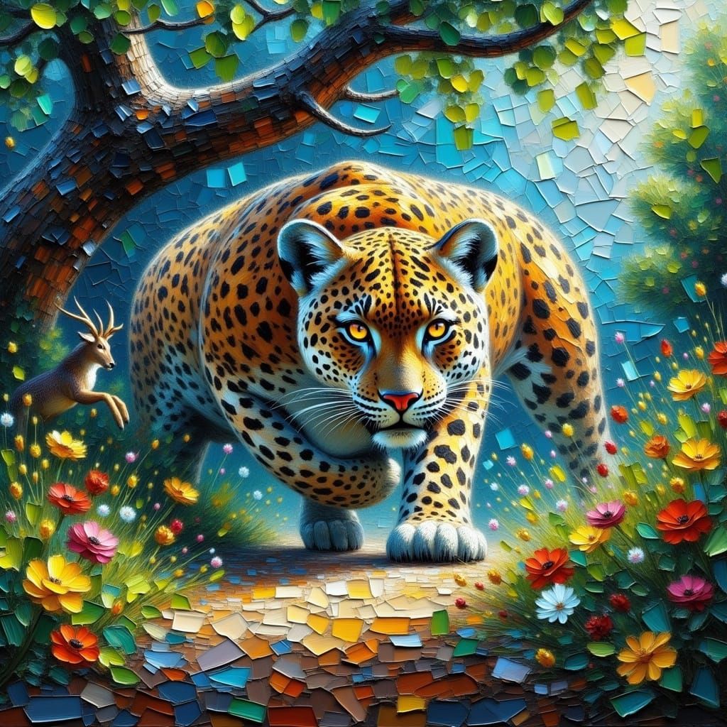 Surreal Impasto Landscape with Jaguar and Deer in Motion