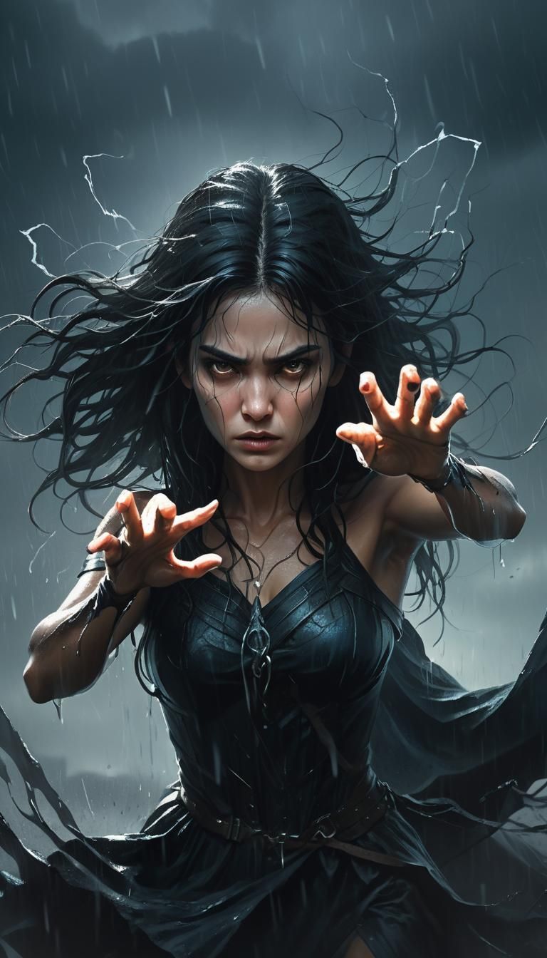 Defiant Woman Holding Menacing Figure in Dark Fantasy Style