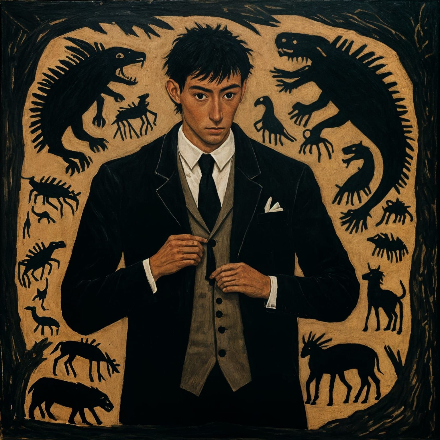 Man in Black Suit Adjusting Tie Portrait