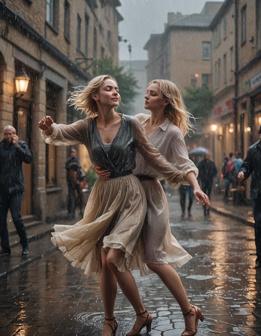Woman Dancing with Mist in Rainy Cinematic Still