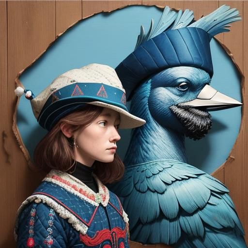 Surreal Blue Jay Portrait with Christmas Lights