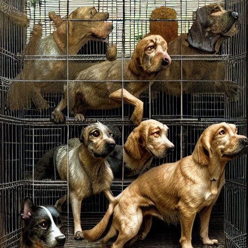 Detailed Photoillustration of Barking Dogs in Cages