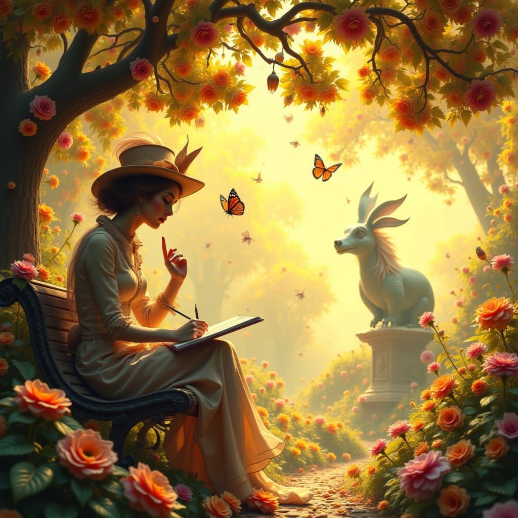 Figure Sketches Butterfly on Park Bench in Golden Hour Light