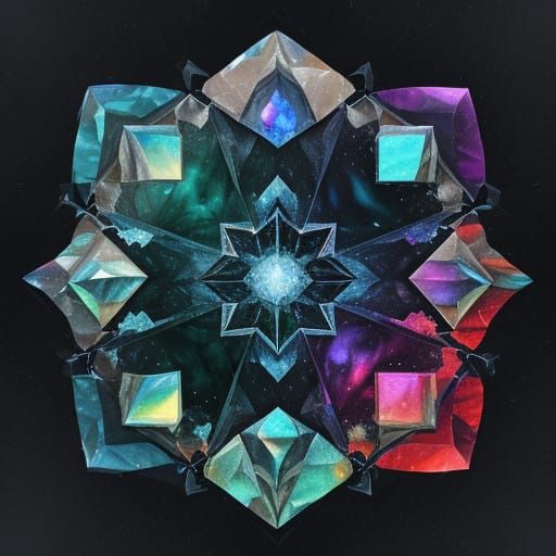 Vibrant Cosmic Dance with Glowing Ice, Snow, and Gemstones