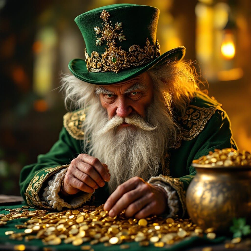 Wise Leprechaun Amidst Emerald Riches in Chiaroscuro Style