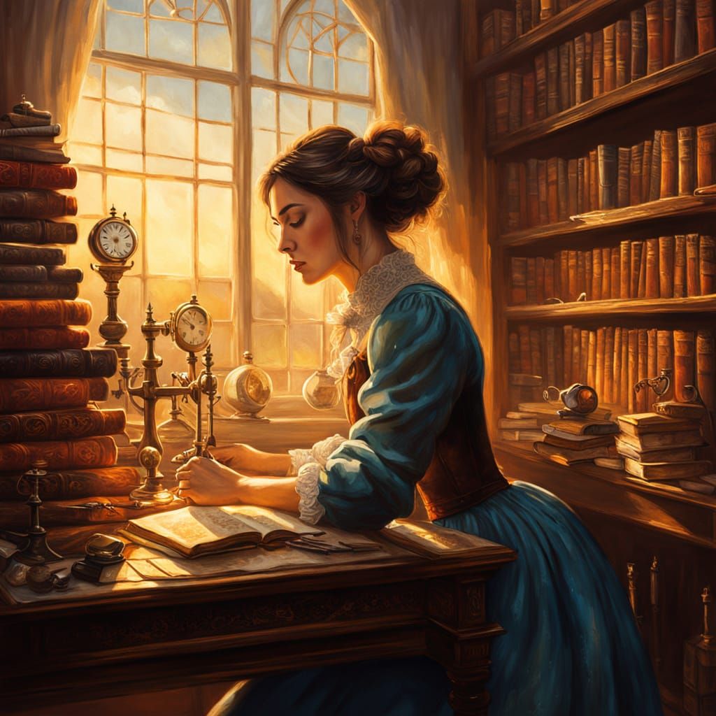 Young Woman at Desk Surrounded by Clockwork, Oil Painting
