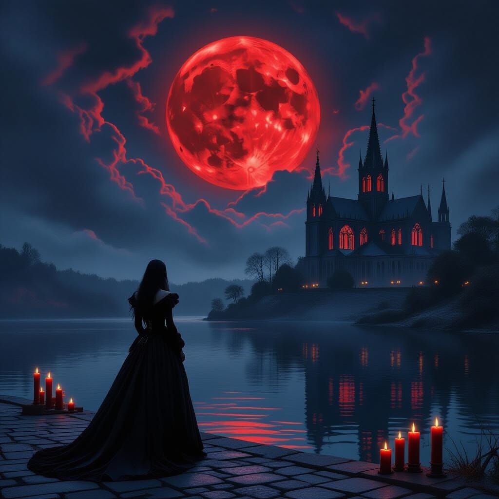Gothic Woman by Moonlit Lake Under Blood Moon