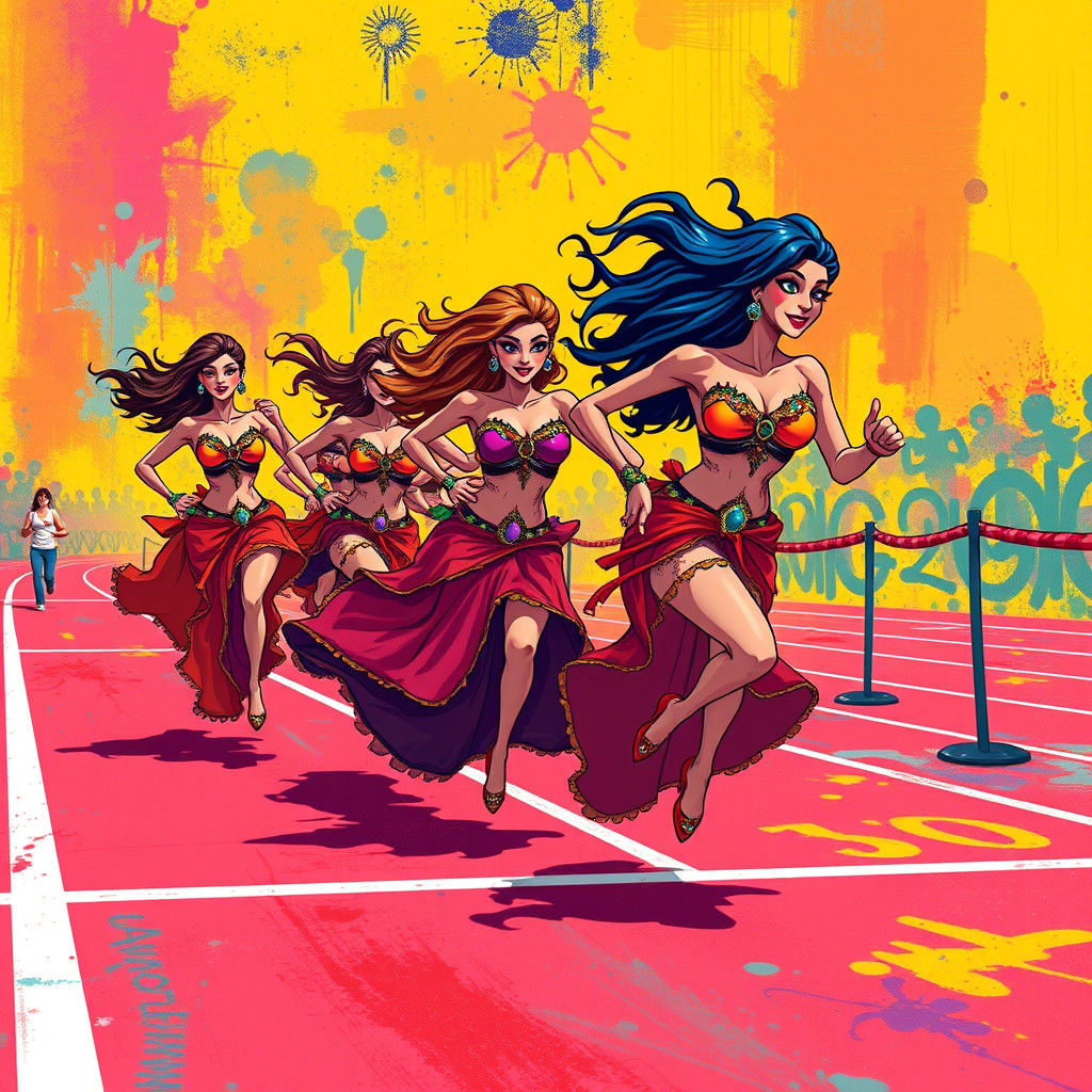 Cartoon Belly Dancers Race, Graffiti Art Style