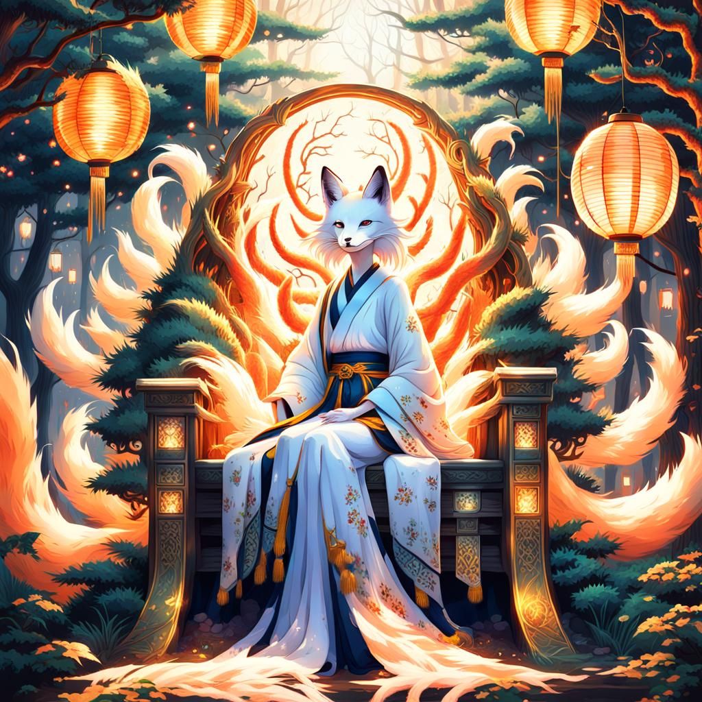 Kitsune Lady on Forest Throne: Digital Painting
