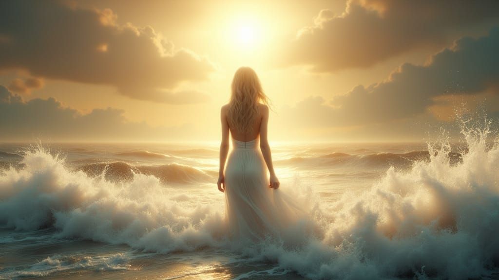 Woman Ascending Amidst Storms and Sunlight