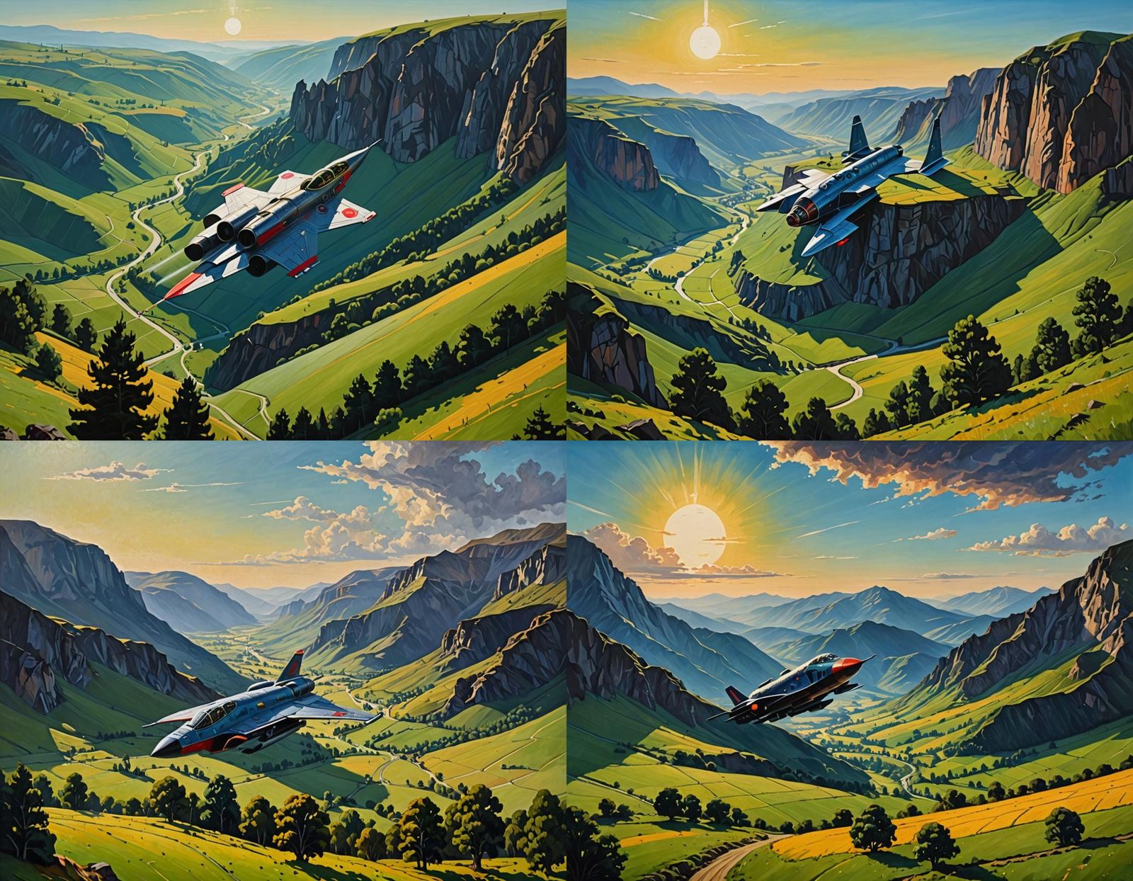 Spaceship Shadow Over Valley in Pointillist Oil Painting