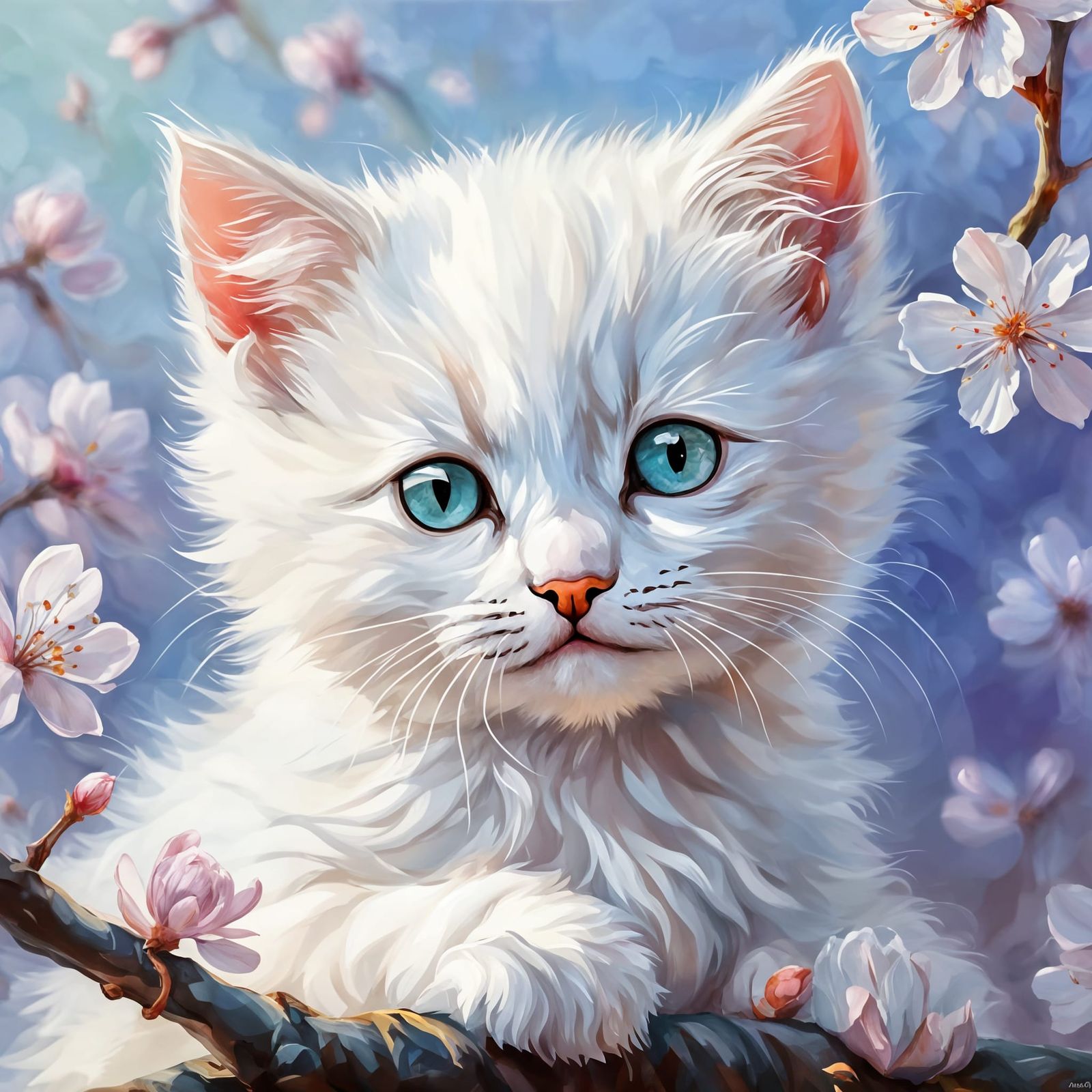 Cherry Blossom Whimsy with Sleeping Kitten