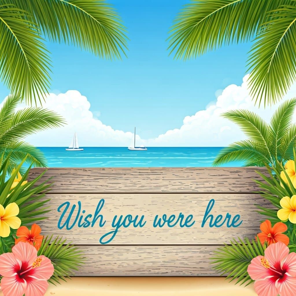 Tropical Paradise Scene with Weathered Sign