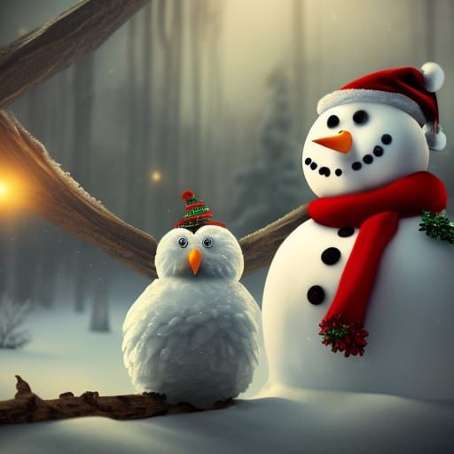 Snowman and Owl Christmas Fantasy Art