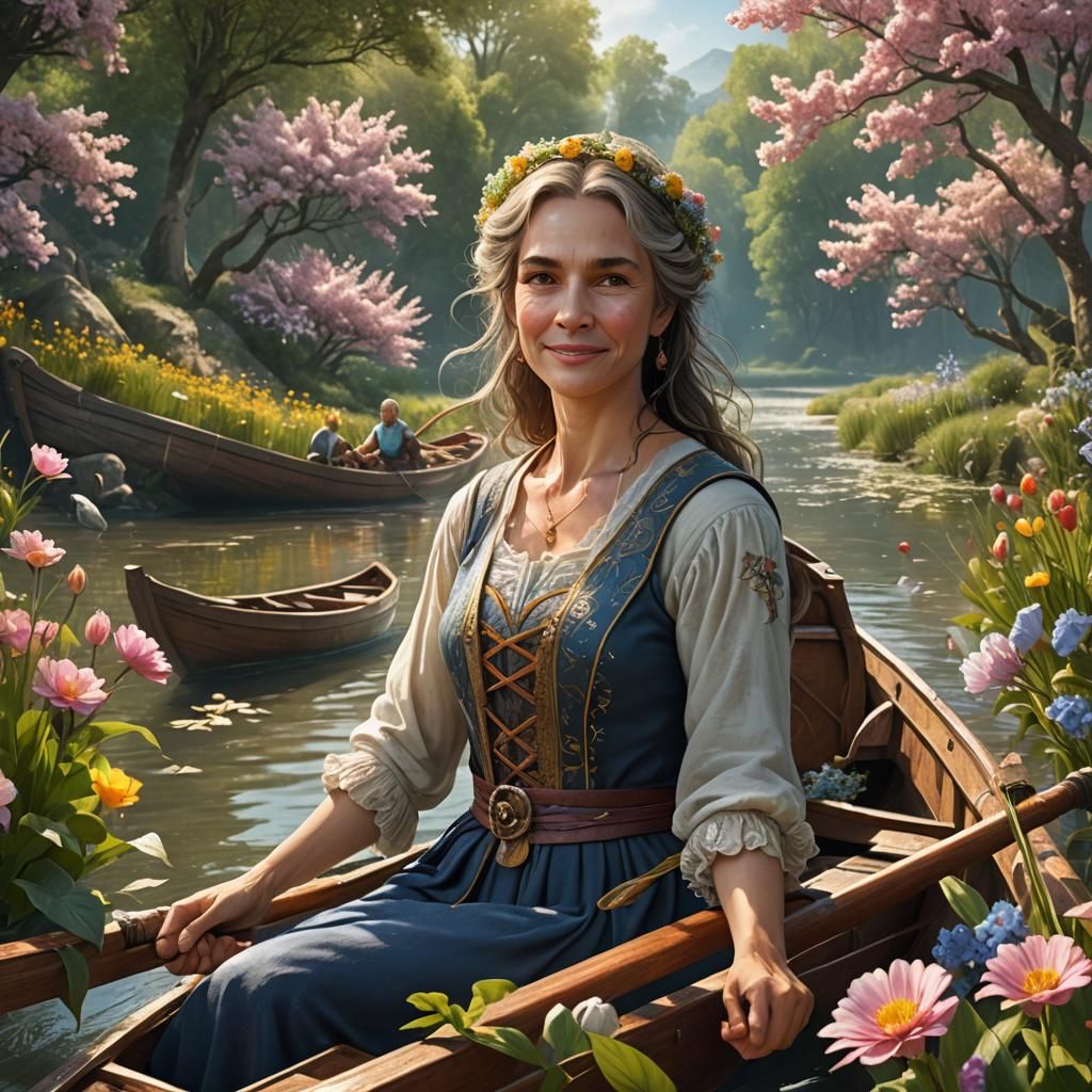 Woman Rowing Boat on River: Detailed Matte Painting