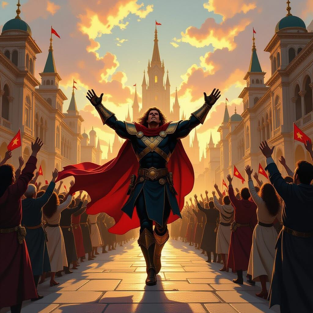 Hero's Triumphant Arrival in a Fantastical City