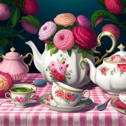 Vintage Tea Set and Flowers in Candy Art