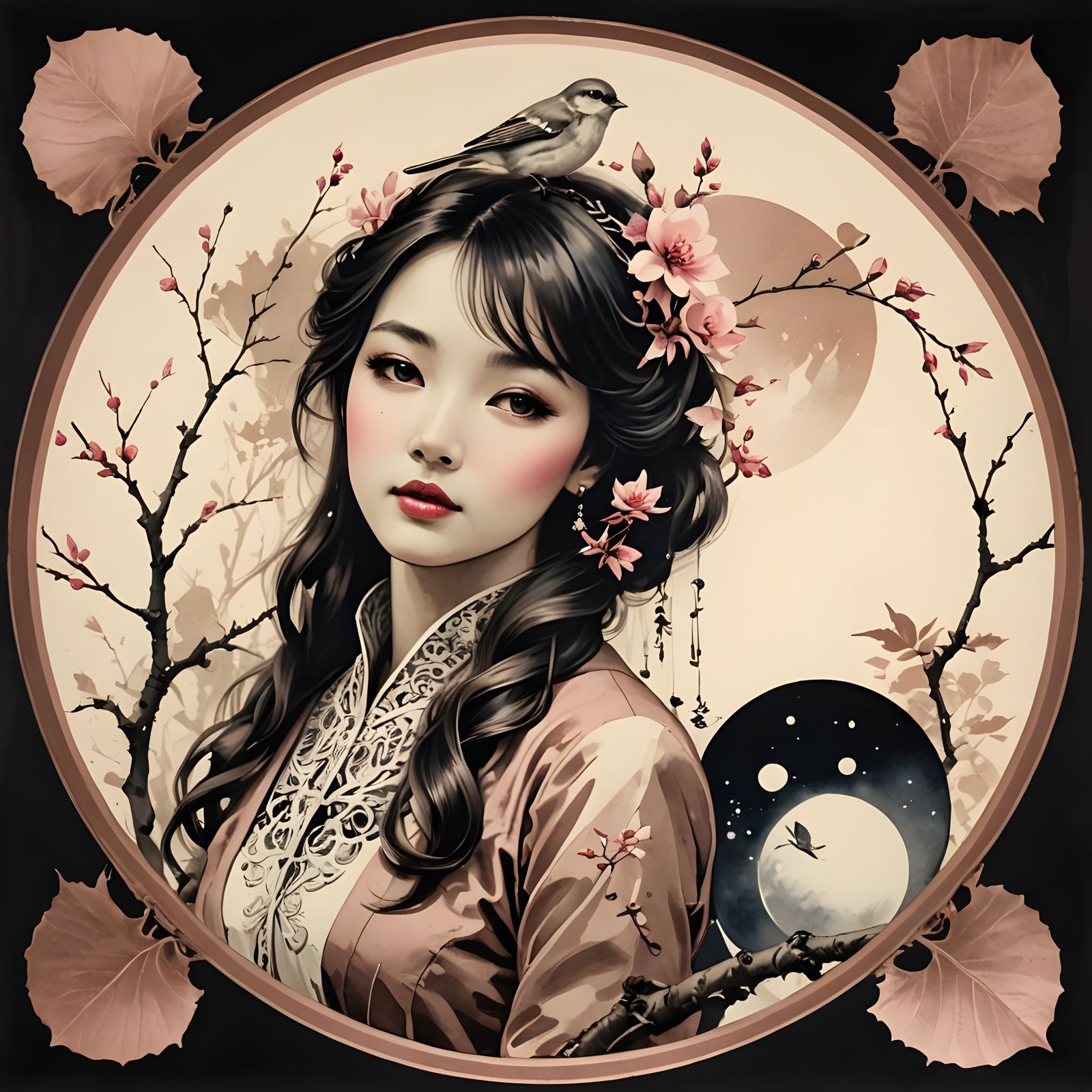 Futuristic Woman with Bird: Victorian Sumi-e Pop Art