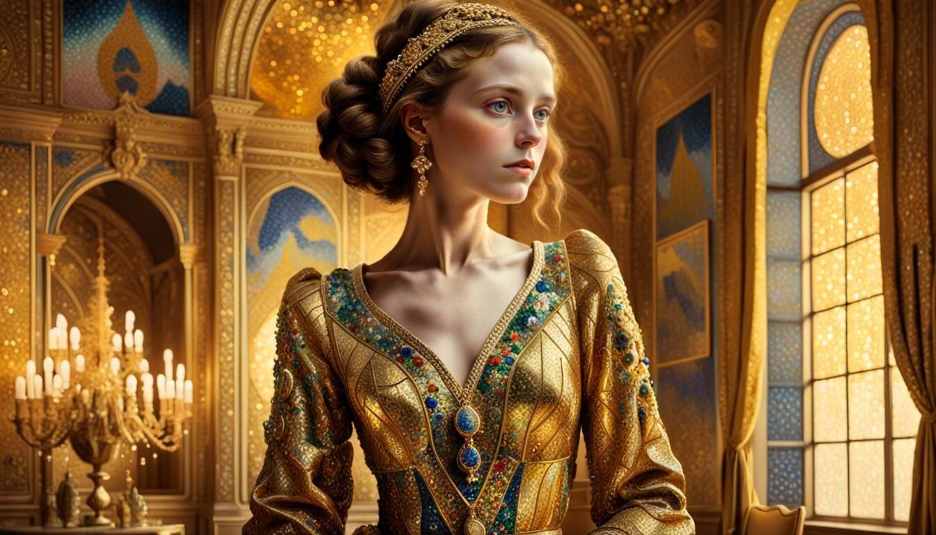 Woman in Gold: A Pointillist Masterpiece