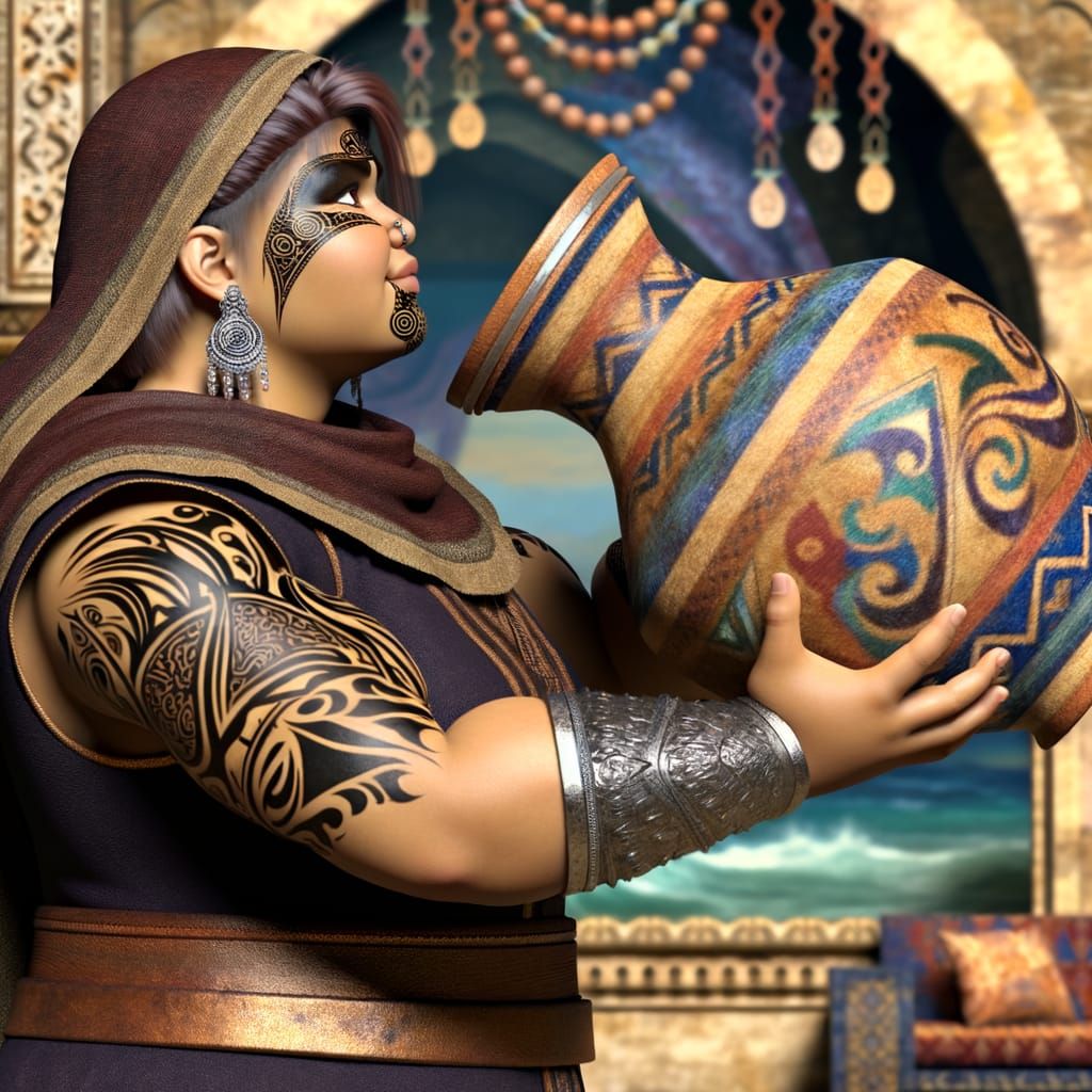 Medieval Fantasy Maiden with Tribal Tattoos and Vase