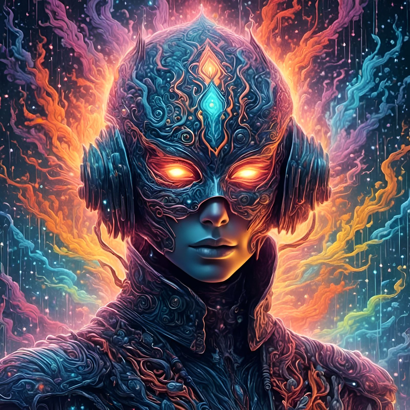 Psychedelic Cubist Mask Portrait in Digital Art Style