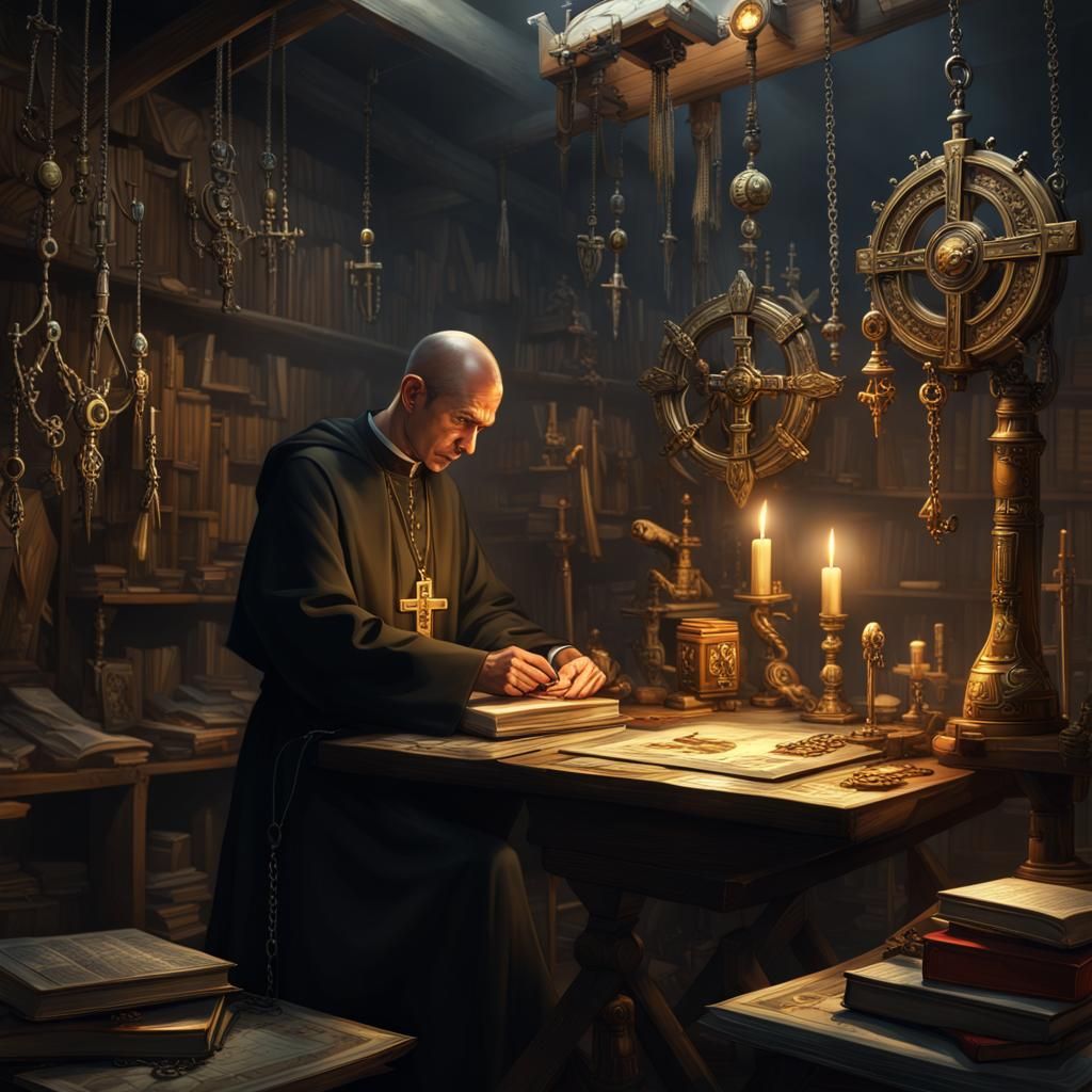 Priest Crafts Artifact in Dark Fantasy Workshop