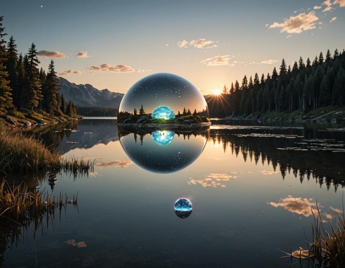 Orb Reflecting Tiny World Over Calm Lake