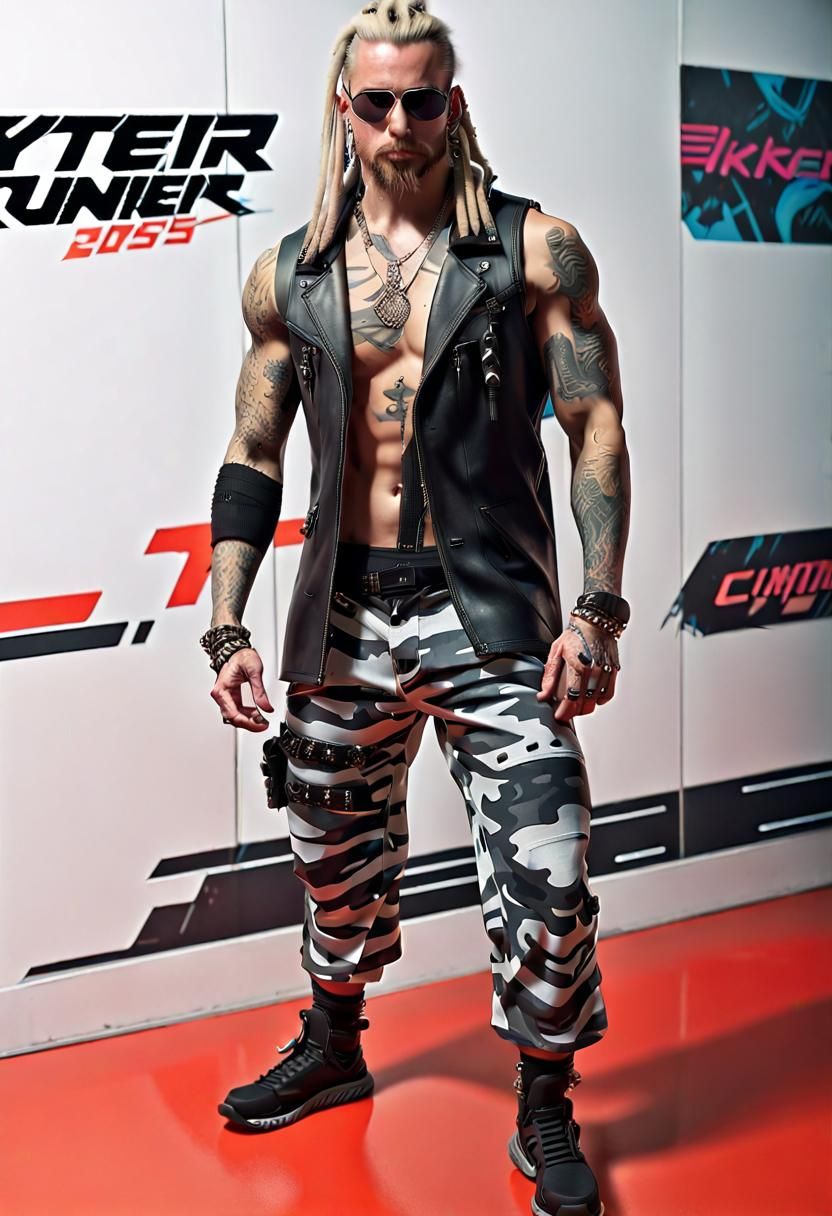 Cyberpunk Tattooed Man with Dreadlocks and Sunglasses