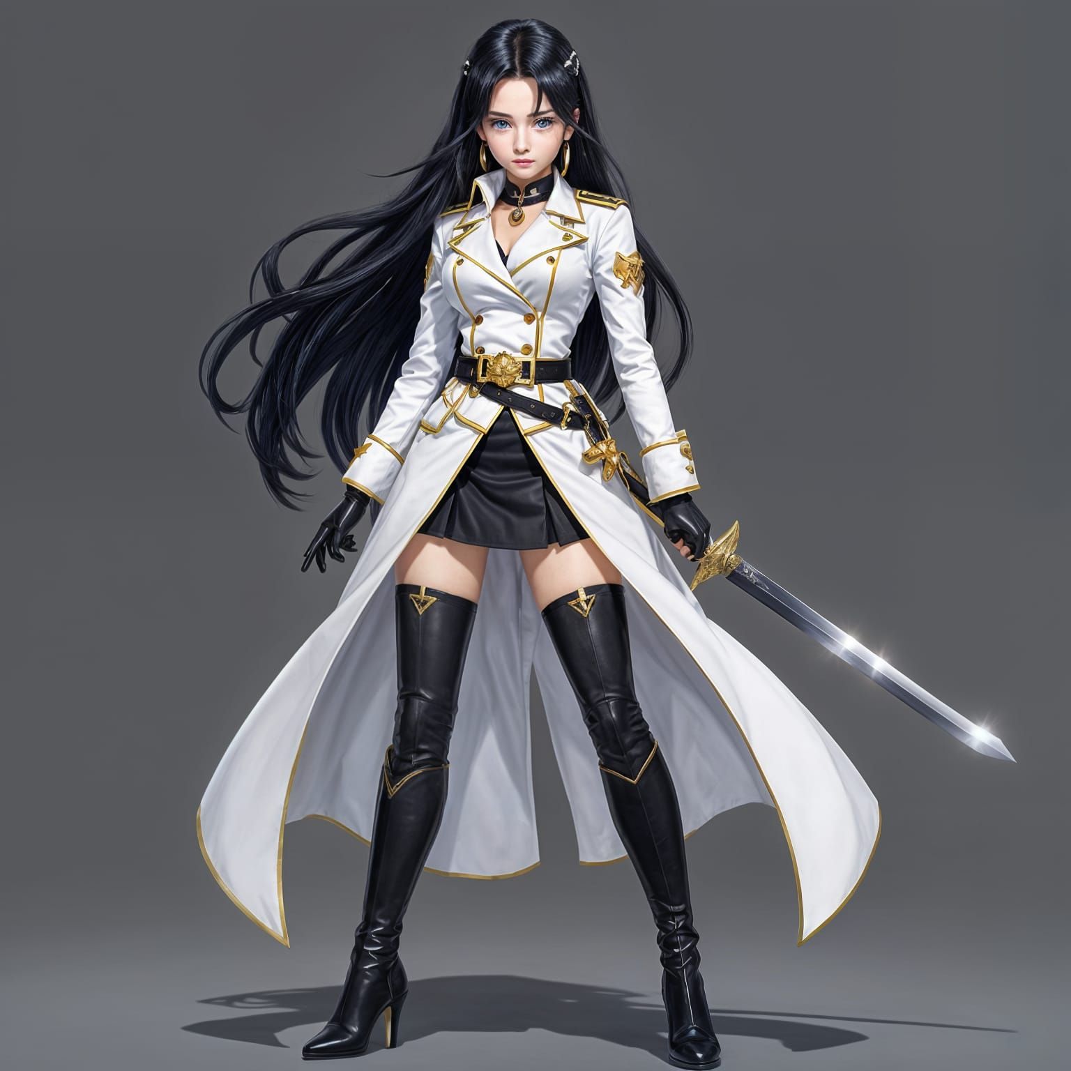 Anime Female Admiral With Sword in White Navy Uniform