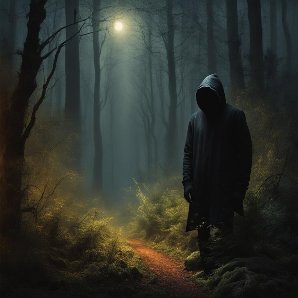 Mysterious Hooded Figure in Dark Impressionist Forest