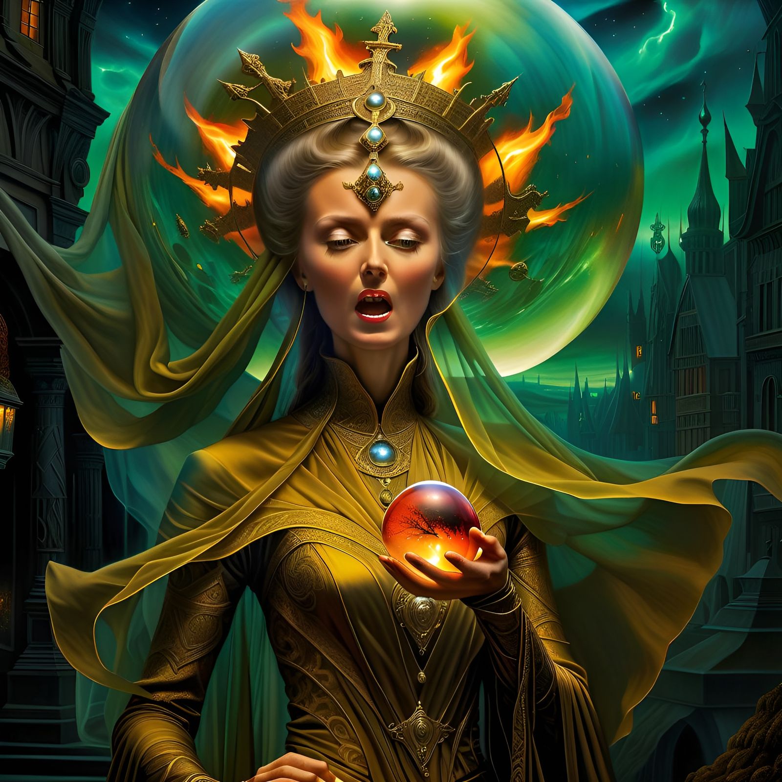 Surreal Woman with Crystal Ball in Digital Art Style