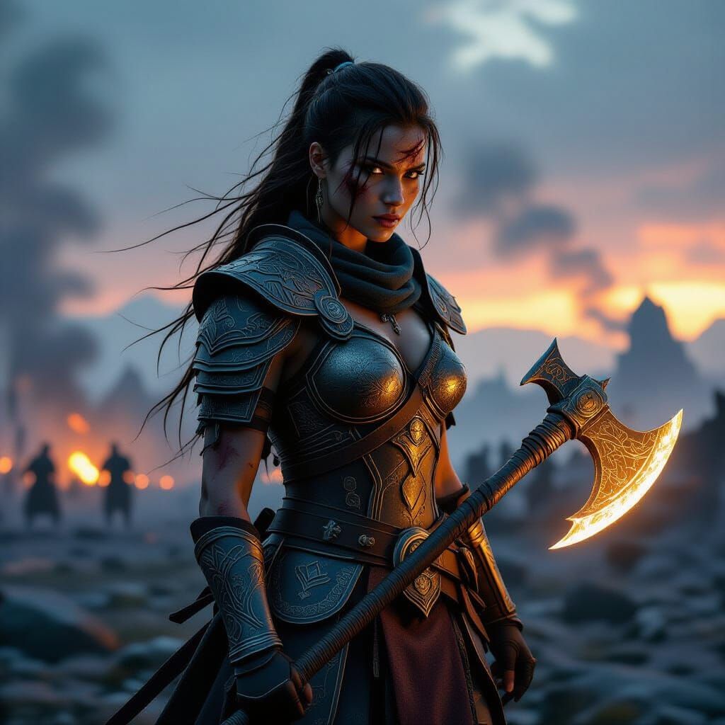 Solitary Female Warrior on Rocky Outcrop at Dusk