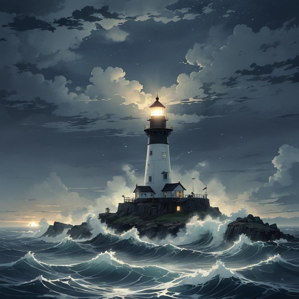 Lighthouse in Foggy Ocean: Anime Key Visual