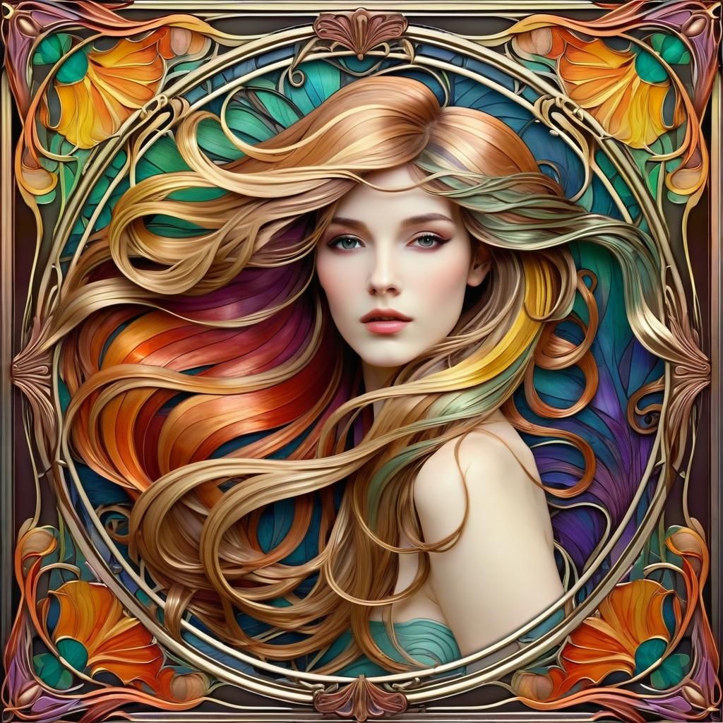 Art Nouveau Portrait with Flowing Hair