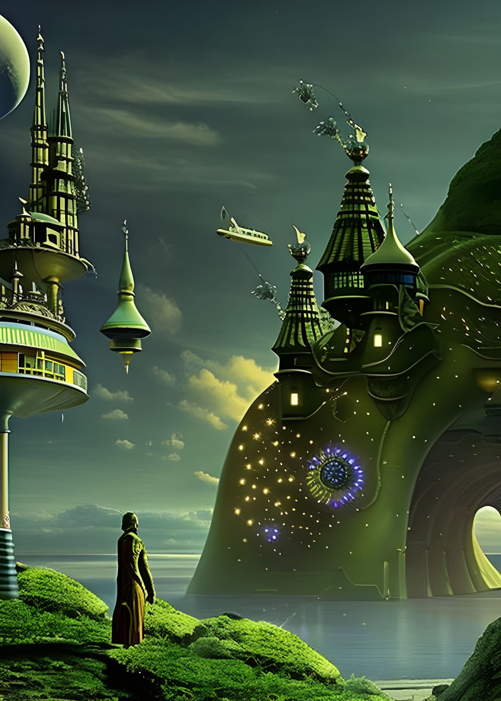 Futuristic Cityscape with Bizarre Creatures in Detailed Digi...