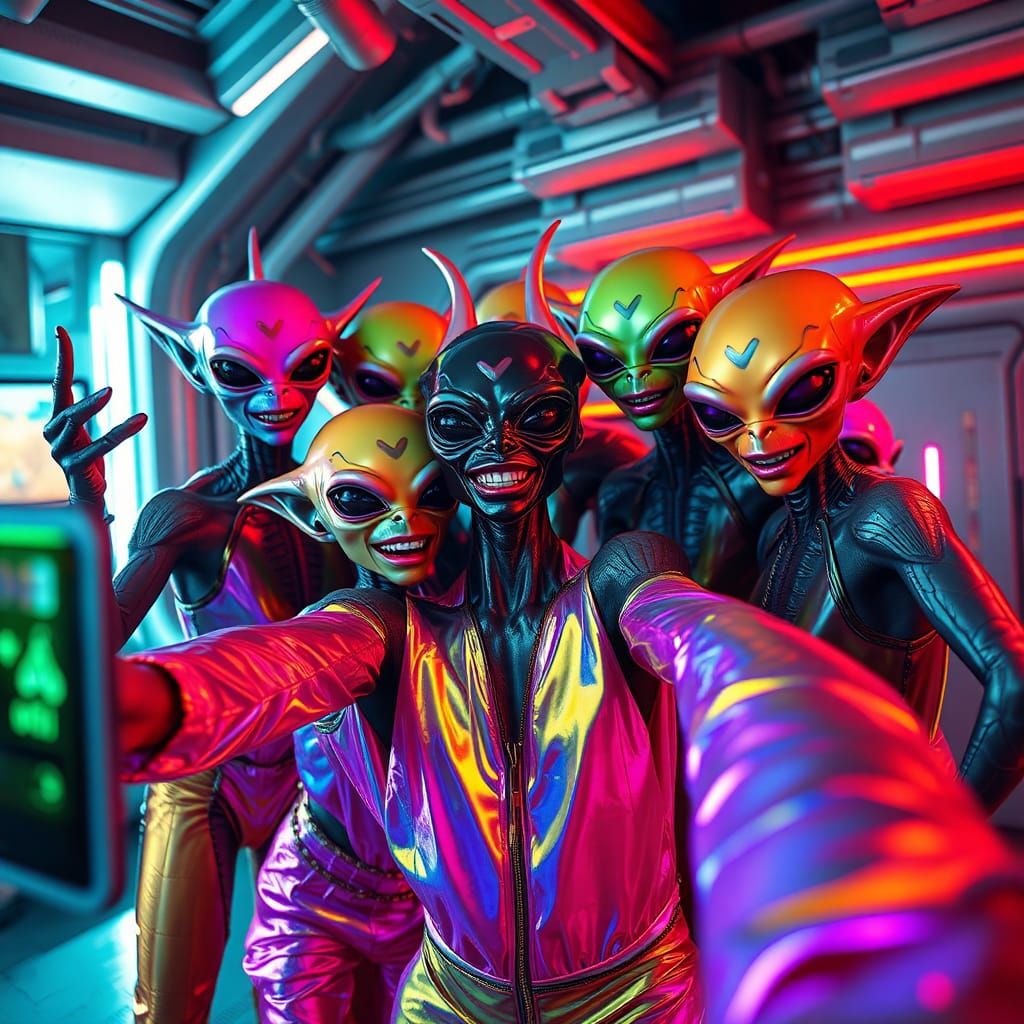Joyful Aliens Take Selfie in Futuristic City
