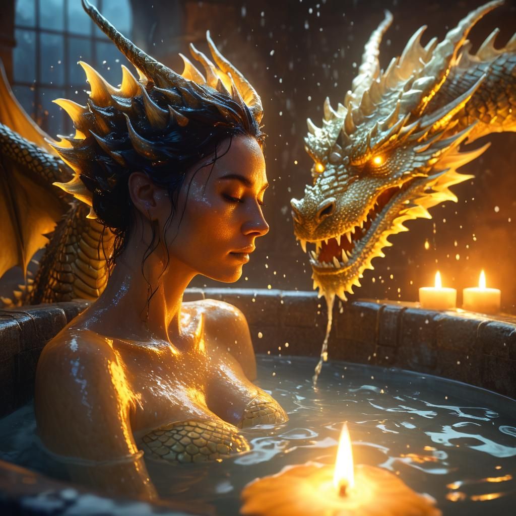 Milk Woman and Luminous Dragon in Fantasy Bath