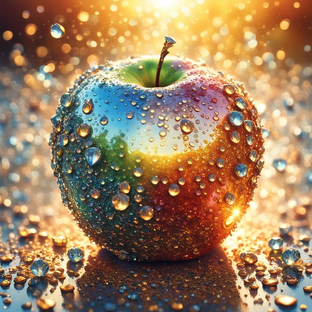 Golden Apple with Glittering Diamond Water Droplets