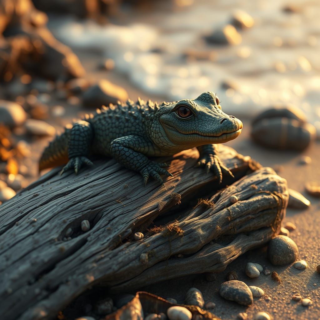 Whimsical Crocodile on Driftwood Rock in Dreamy Beach Scene