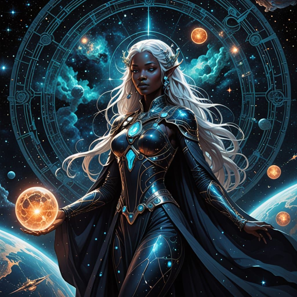 Celestial Drow Sorceress Commands Starship, Alphonse Mucha S...