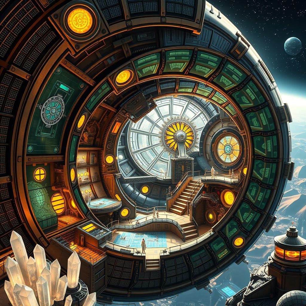 Alien Steampunk Nautilus Space Station with Solarpunk Interi...