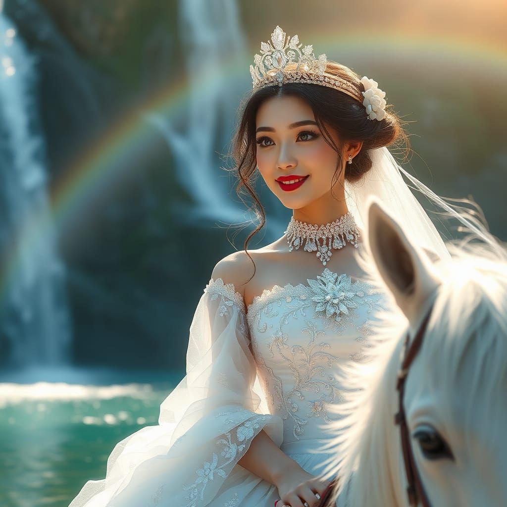 Japanese Woman with Diamond Crown on White Horse