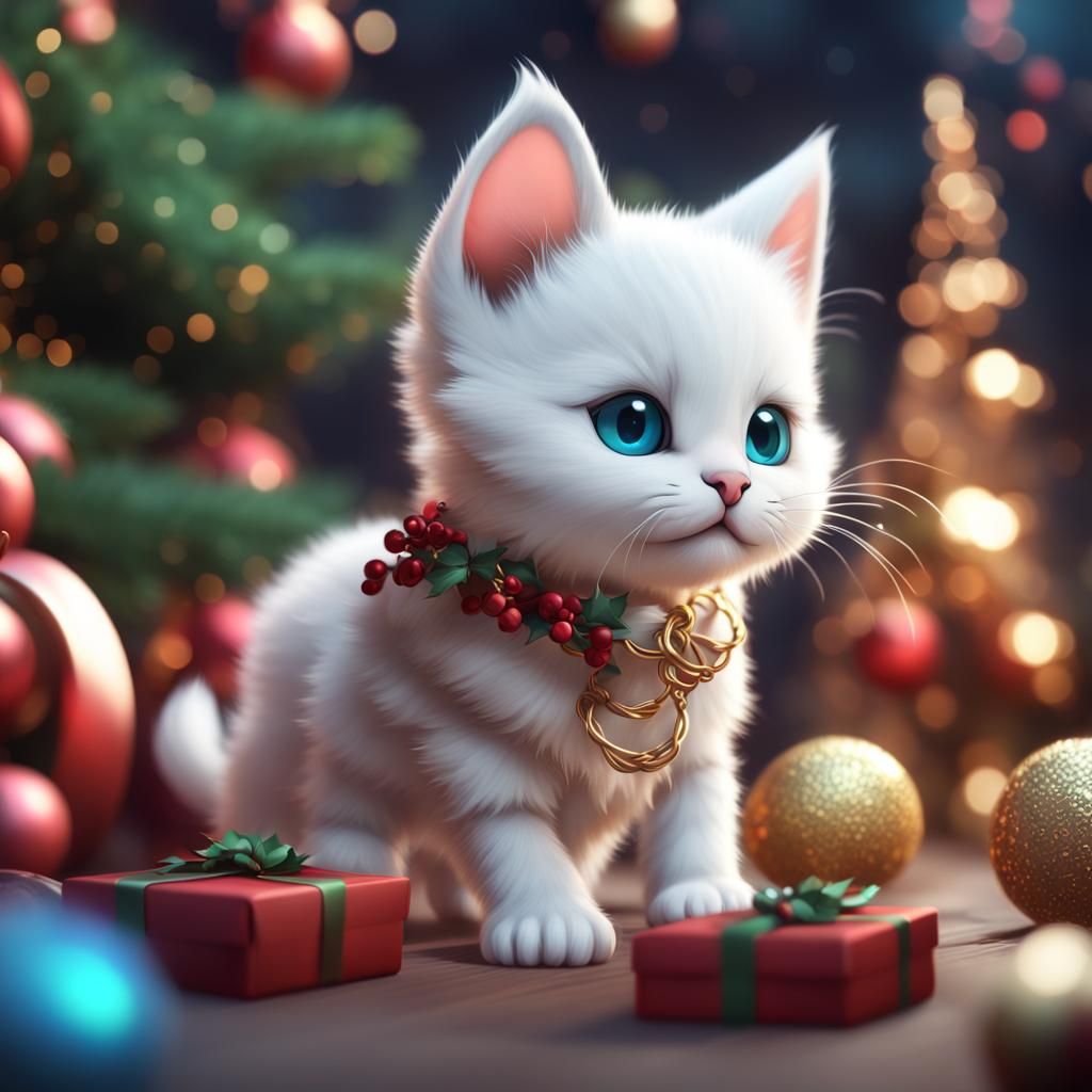Cute Christmas Kitten Cartoon: Detailed Digital Art