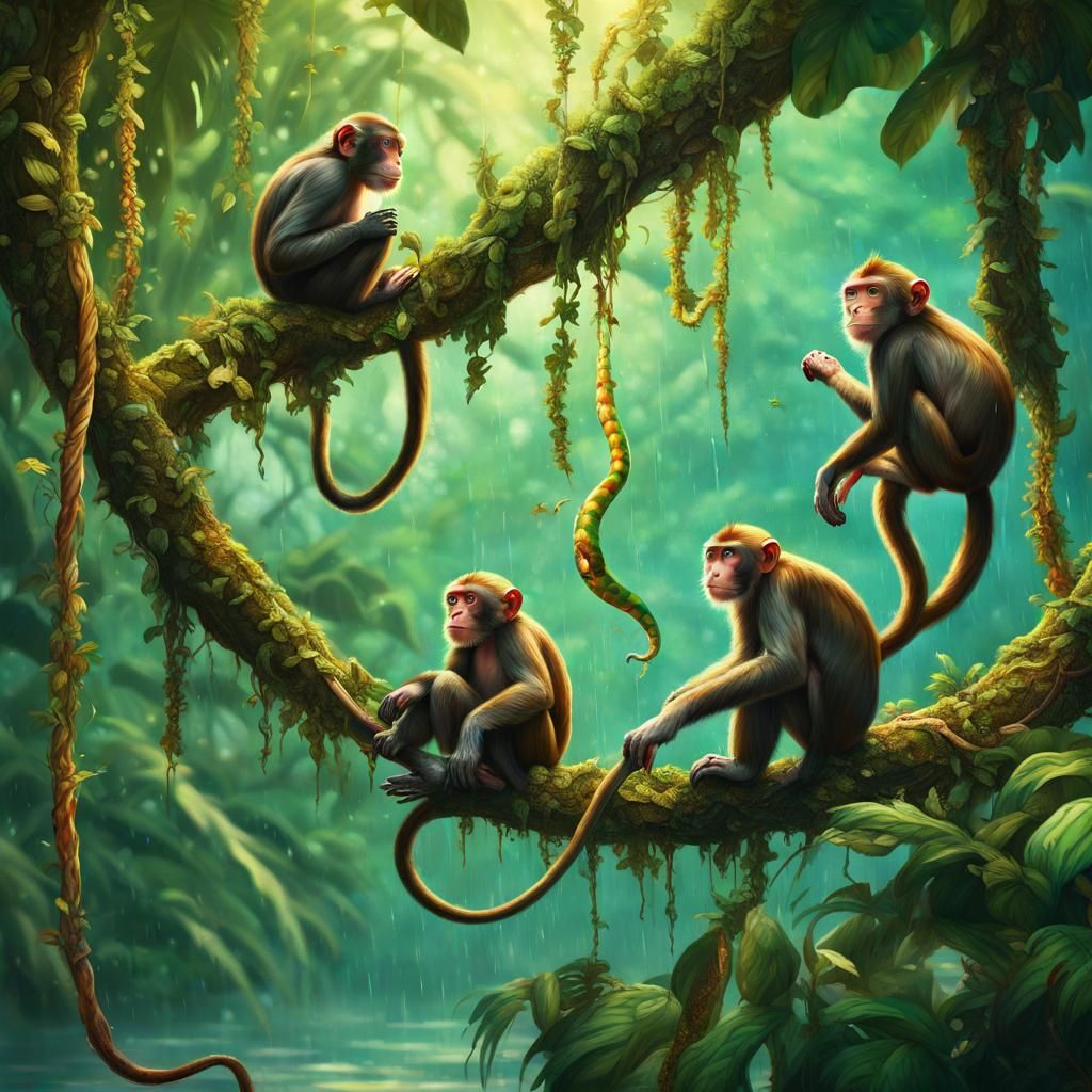 Monkeys Swinging in Rainforest: Hyperrealistic Splash Art