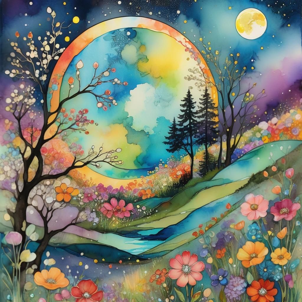 Vibrant Full Moon Floral Tapestry in Impasto Textures