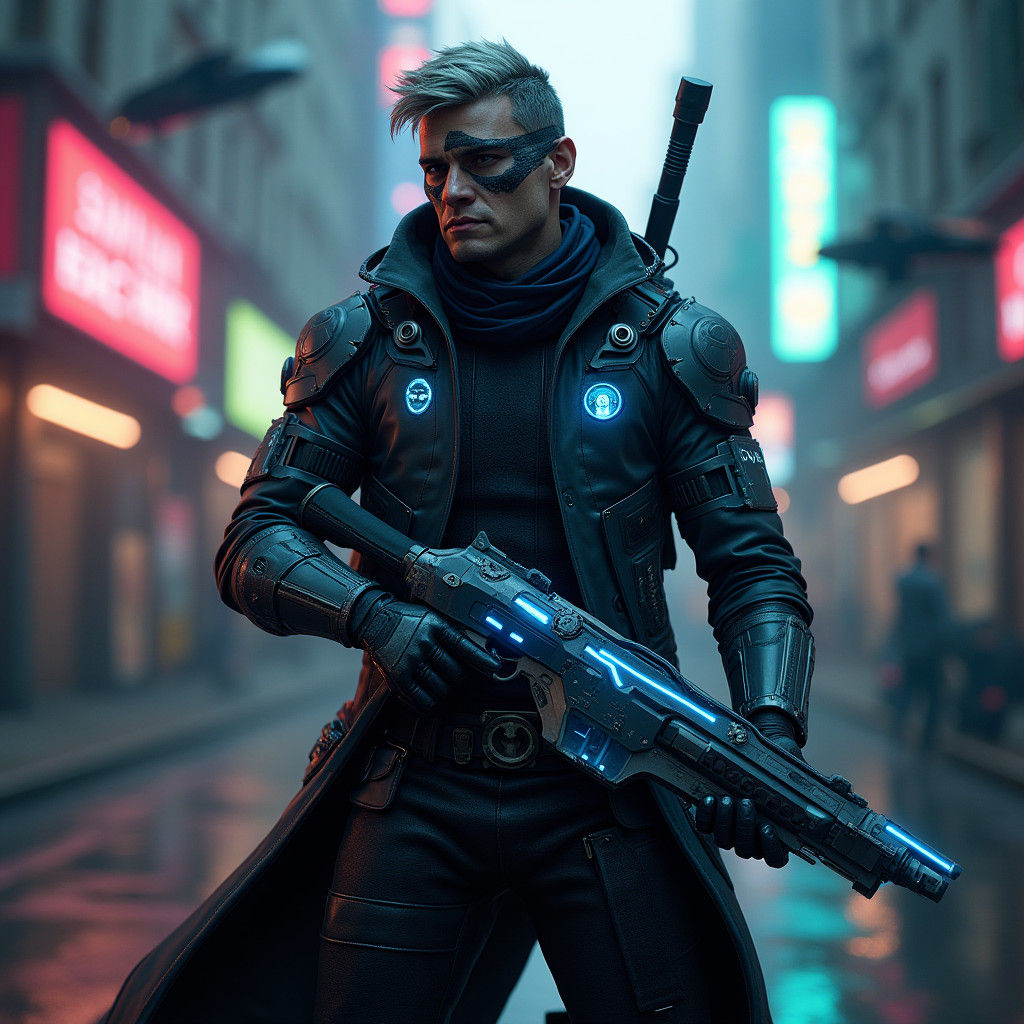 Futuristic Bounty Hunter in Dystopian Cityscape