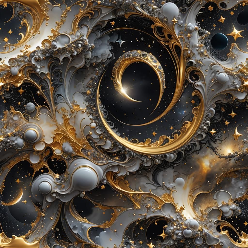 Fractal Obsidian Moon with Sparkling Stars