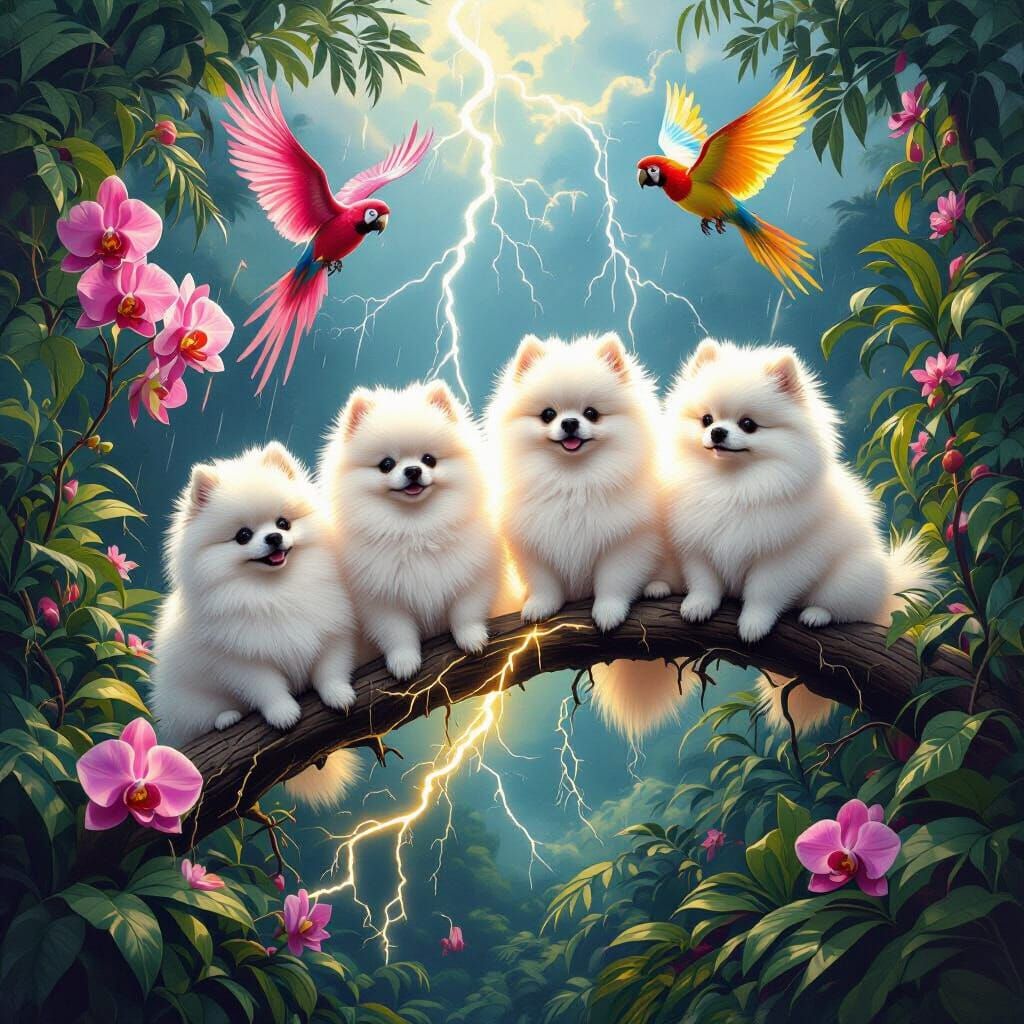 Pomeranians on Lightning Bolt Amidst Jungle Storm