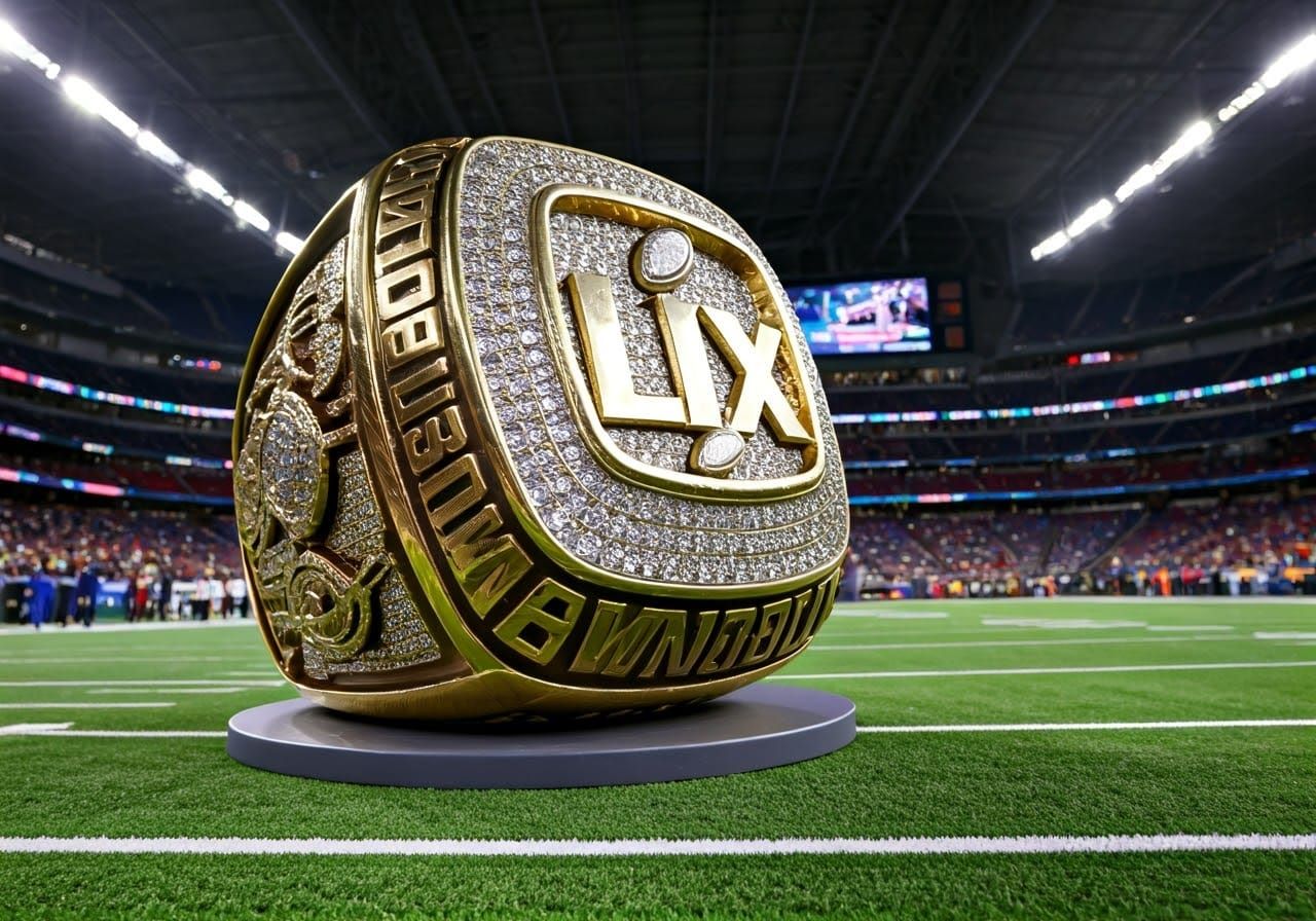Gigantic Golden Football Championship Ring on Display